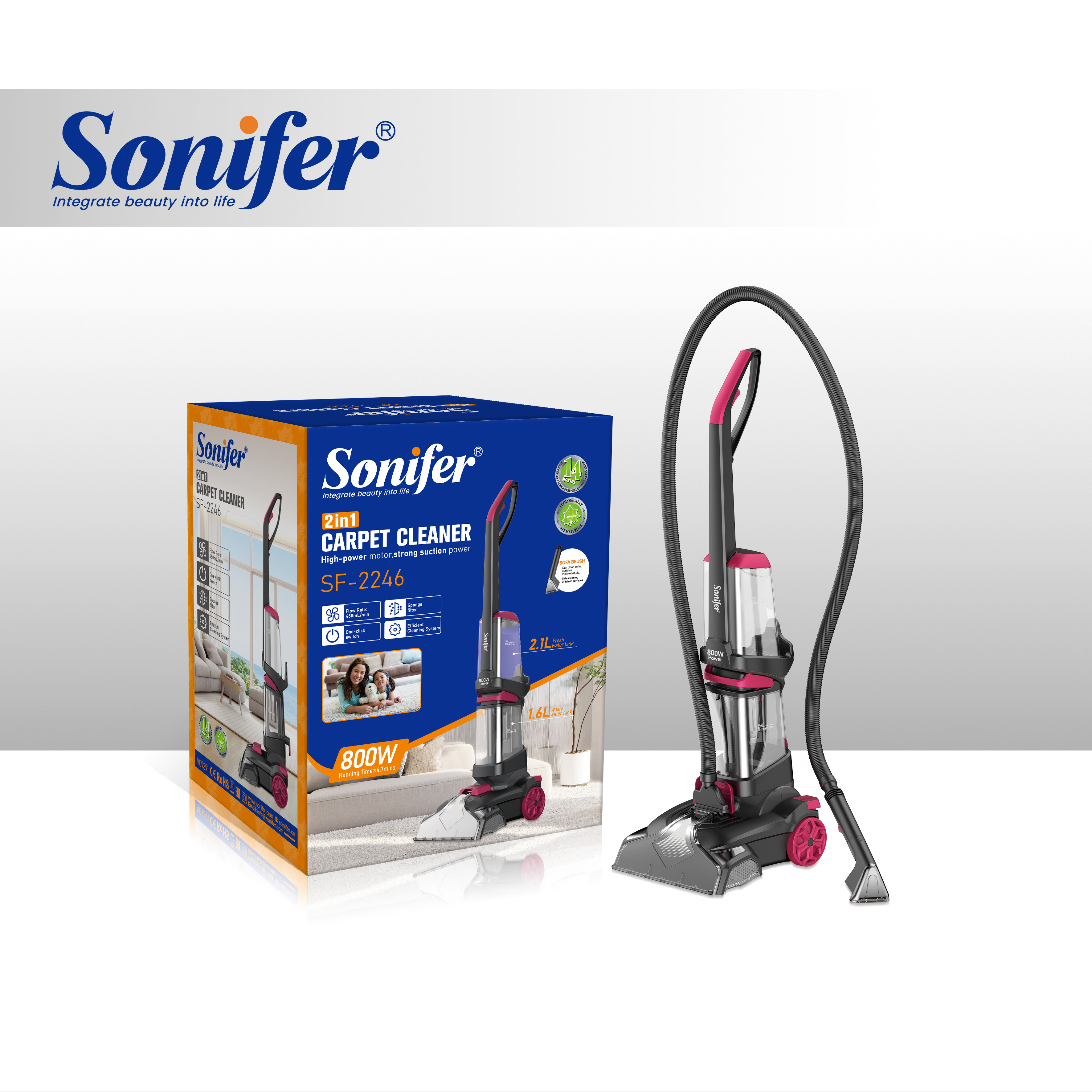 Sonifer SF-2246 Xalça Yuyan Tozsoran – 800W Güclü Sovurma, 3-ü 1-də Təmizləmə Sistemi